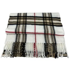 Tartan Plaid 100% Cashmere White Red Black Tan Made Scotland Fringe Ends
